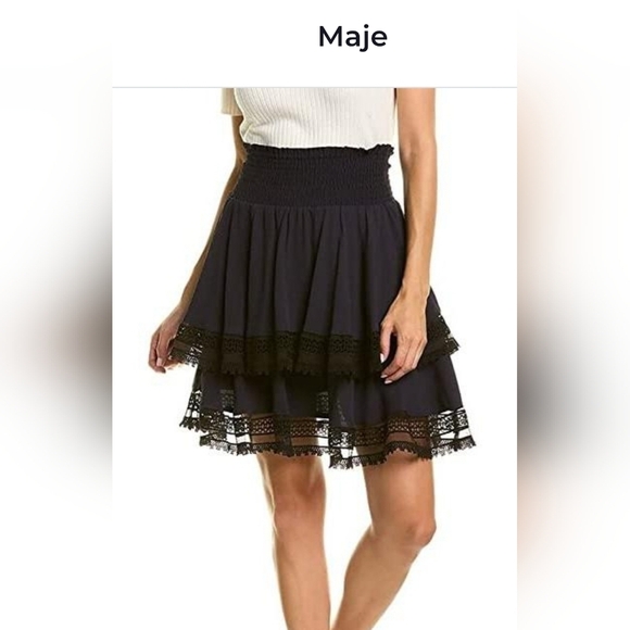 Maje Jaglia Tiered Skirt Navy/Black Lace Trim Smocked Waist Womens Size M - Picture 9 of 9